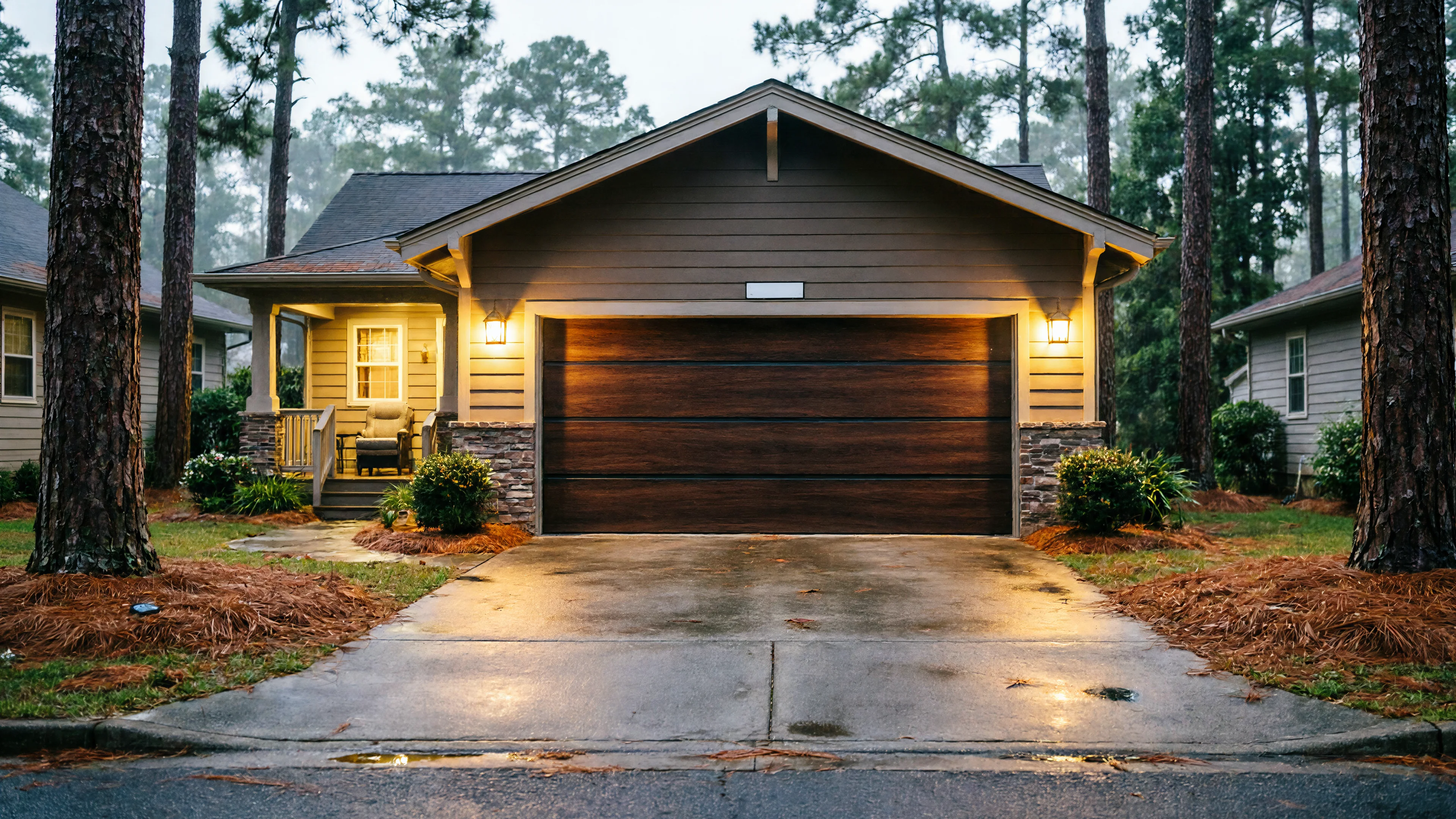 The house has a dark wood garage door and a wet concrete driveway.